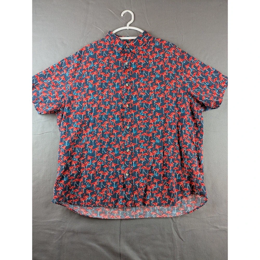 Banana Republic Mens XXL Slim Fit Linen Flamingo Print Button Up Shirt Navy